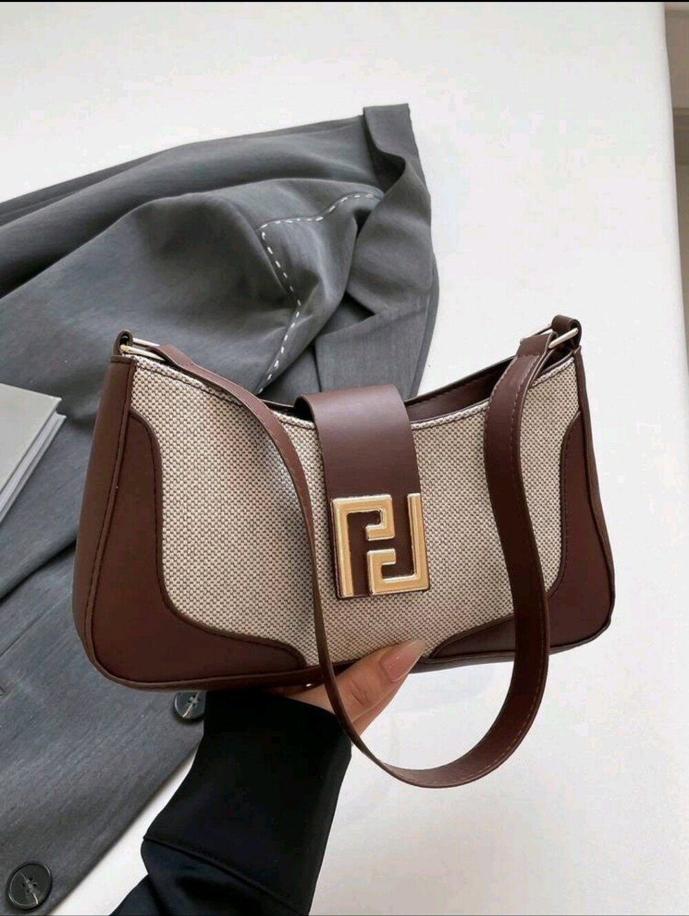 BRAND NEW ** Brown and Cream Shoulder Bag with Gold Accent